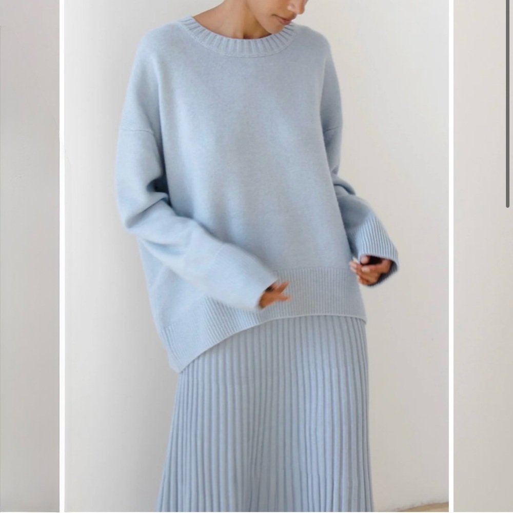Commense Light Blue Knit Set XS Pleated Maxi Skirt Oversized Sweater NWT